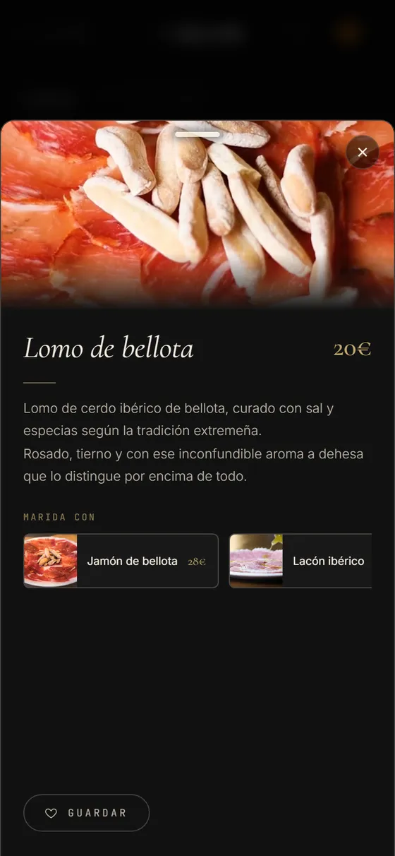 The Bálamo digital menu open on a phone, showing dish photographs and the restaurant's own branding.