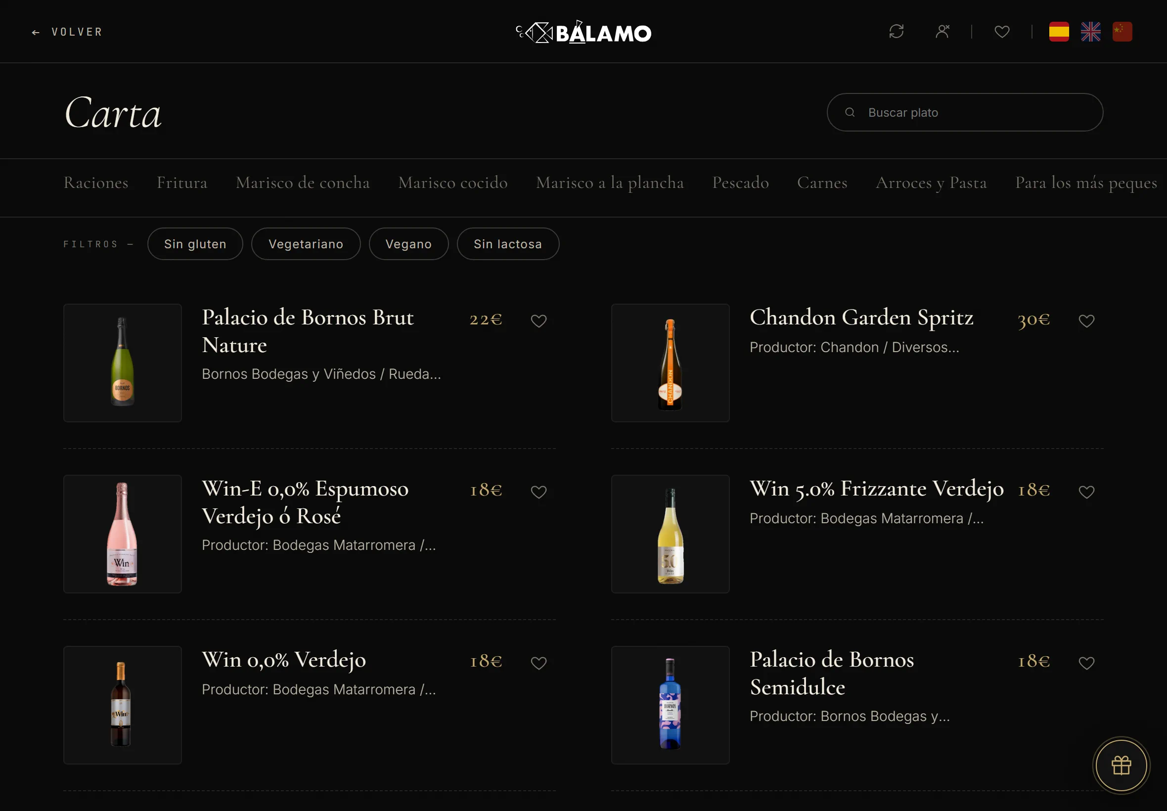 Bálamo's menu open on a tablet in landscape, showing its categories, its filters and a photograph of every dish.